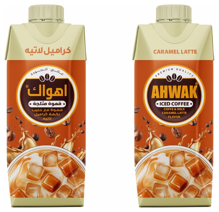 عبوة اهواك قهوة مثلجة نكهة كراميل لاتيه بالعربية والإنجليزية