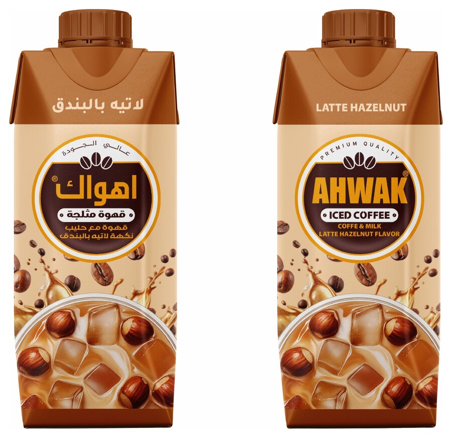 عبوة اهواك قهوة مثلجة نكهة لاتيه بالبندق بالعربية والإنجليزية
