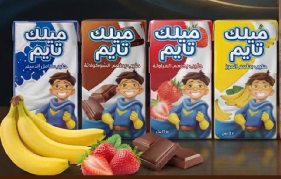 عبوات حليب ميلك تايم بنكهات الموز والفراولة والشوكولاتة والطبيعي